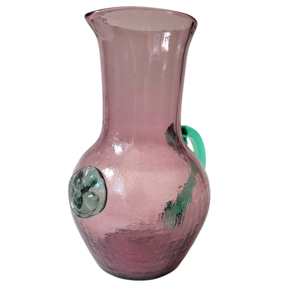 Vtg Rainbow Pilgrim Hand blown Crackle glass pitcher 4 leaf clover - Picture 2 of 6